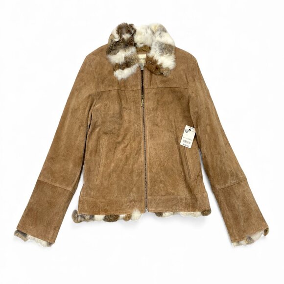 NEW St. John's Bay Suede Leather Fur Trim Zip Cuff Moto Bomber Jacket Women's M - Picture 4 of 14